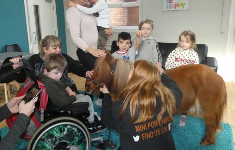 Group of children with Smurf the therapy pony